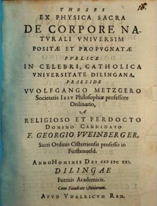 Theses Ex Physica Sacra De Corpore Naturali Universim