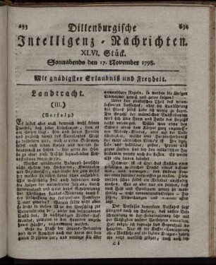XLVI. Stück. Sonnabends den 17. November 1798.