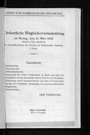 Ordentliche Mitgliederversammlung am Montag, dem 23. März 1936