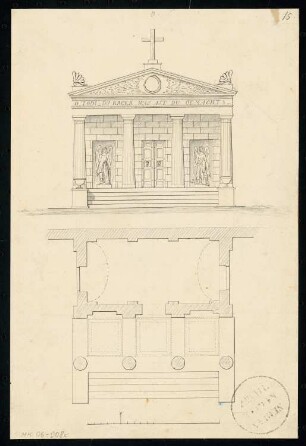 Grabdenkmal Monatskonkurrenz März 1832: Grundriss Erdgeschoss, Aufriss Vorderansicht; Maßstabsleiste