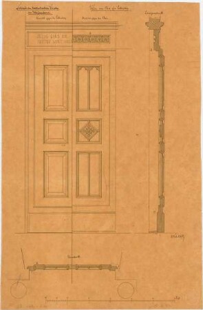 Voit, August von; Weißenhorn; Pfarrkirche - Tür vom Chor zur Sakristei (Ansichten,Querschnitt, Längsschnitt)