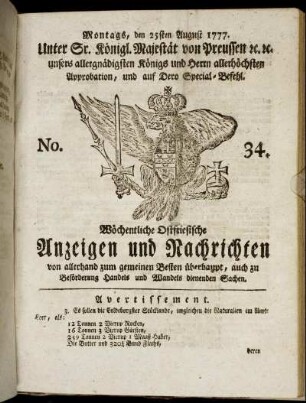 No. 34. Montags, den 25sten August 1777.