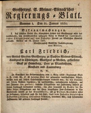 Großherzogl. S. Weimar-Eisenach'sches Regierungs-Blatt auf das Jahr .... 1831 = Jg. 15