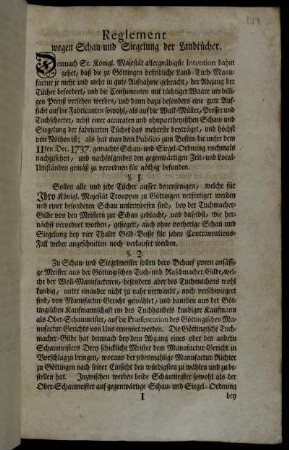 Reglement wegen Schau- und Siegelung der Landtücher ...