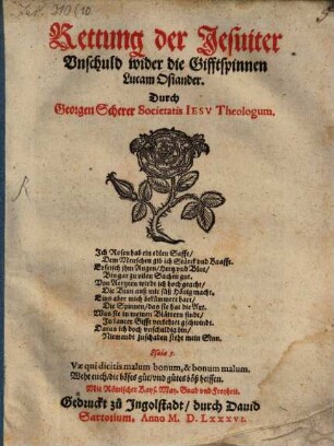 Rettung der Jesuiter Vnschuld wider die Gifftspinnen Lucam Osiander