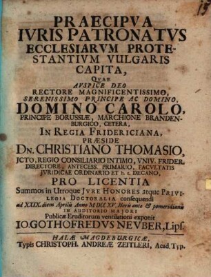 Praecipva Ivris Patronatvs Ecclesiarvm Protestantivm Vulgaris Capita