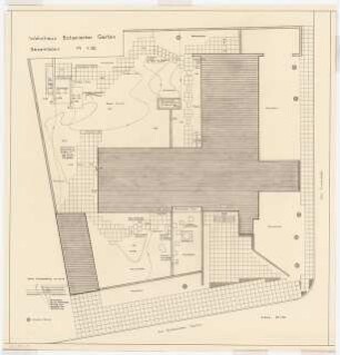 Garten Wohnhaus Conle, Duisburg: Lageplan mit Gartenplan 1:50, Detail Plattenbelag und Stufe