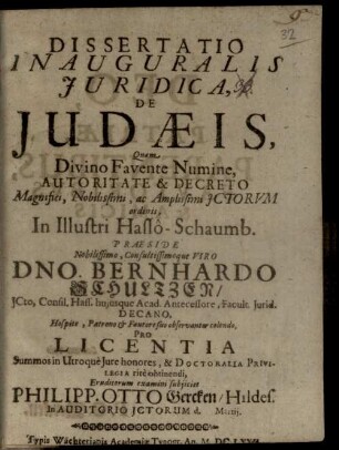 Dissertatio Inauguralis Juridica, De Judæis
