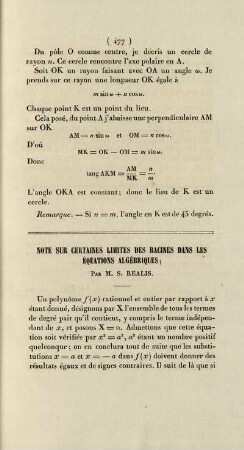 Note sur certaines limites des racines dans les équations algébriques.