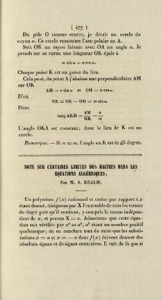 Note sur certaines limites des racines dans les équations algébriques.