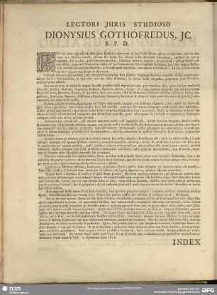 Lectori Juris Studioso Dionysius Gothofredus, JC. S. P. D.