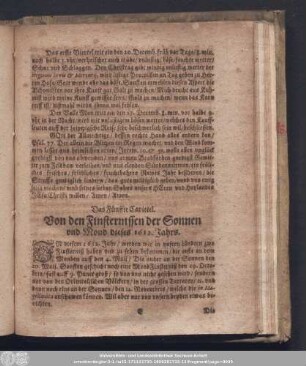 Das Fünffte Capittel. Von den Finsternissen der Sonnen und Mond dieses 1612. Jahrs.