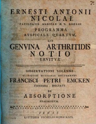 Programma ausp. ... quo Genuina arthritidis eiusque specierum notio eruitur, IV.