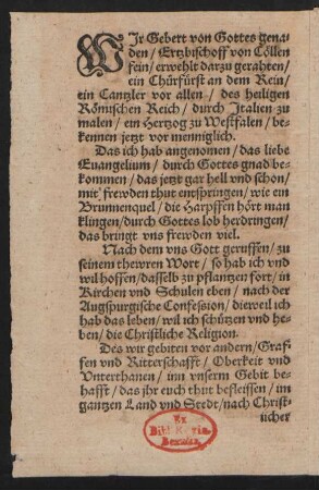 WJr Gebert von Gottes gena=||den/ Ertzbischoff von Cöllen || fein/