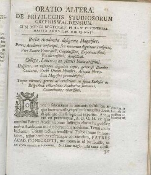 Oratio Altera. De Privilegiis Studiosorum Gryphiswaldensium. Cum Munus Rectorale Publice Deponerem.