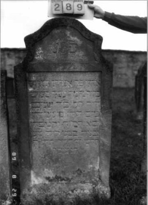 Grabstein 289 (Index: 100107685) Material: heller Sandstein Zustand: stark verwittert und versalzen, in den Lettern Farbreste Maße HxBxT: 152x75x13 cm Beschreibung: Stele, Abschluß Sonderform (etwa rund eingezogener Konvexbogenabschluß), Schriftfeld rechteckig eingetieft: Grabstein 289