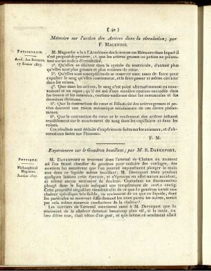 Mémoire sur l'action des Artères dans la circulation