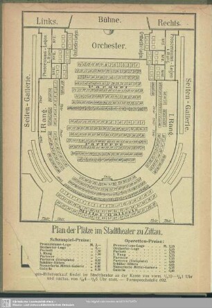 Plan der Plätze im Stadttheater zu Zittau