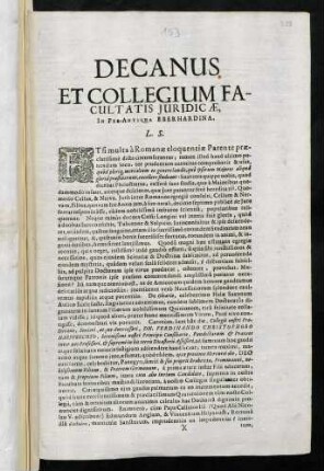 Decanus Et Collegium Facultatis Juridicae, In Per-Antiqua Eberhardina, L. S.
