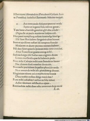 Bentivola : mit Widmungsbrief des Autors an Johannes Bentivolus
