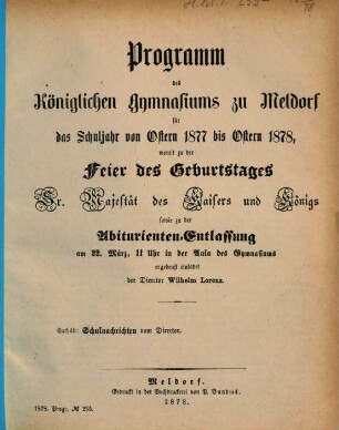 Programm des Königlichen Gymnasiums zu Meldorf : Schuljahr ..., 1877/78