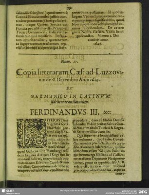 Num. 17. Copia litterarum Caes: ad Luzzovium de 18. Decembris Anni 1641