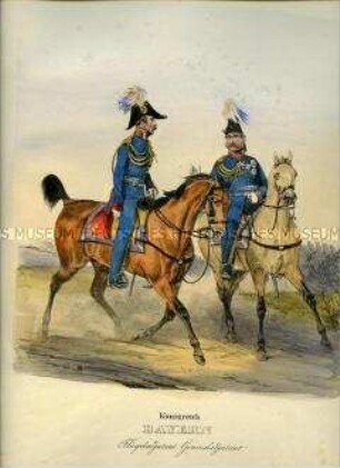 Uniformdarstellung, Flügeladjutant und Generaladjutant zu Pferd, Königreich Bayern, 1835. Tafel 379 im Buch: Eckert/Monten: Das deutsche Bundesheer in charakteristischen Gruppen.