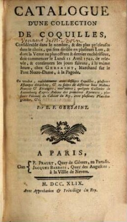 Catalogue d'une collection de coquilles