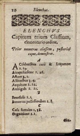 Elenchus Capitum trium Classium elementario ordine.