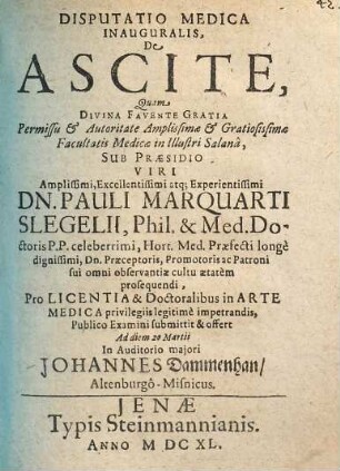 Disputatio Medica Inauguralis De Ascite