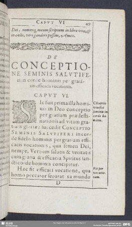 De Conceptione Seminis Salutifer in corde hominis per gratiam efficacis vocationis. Caput VI.
