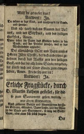 Etliche Fragstücke, durch D. Martin Luther gestellet, für die so zum Sacrament gehen wollen, mit ihren Antworten