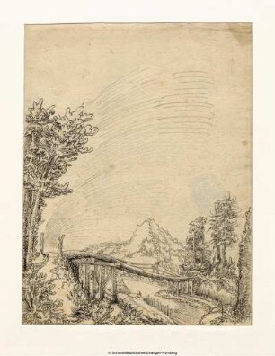 Flußlandschaft mit einer Holzbrücke, hinter der ein spitzer Berg aufragt