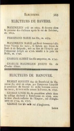 Electeurs De Baviere. Electeurs De Hanovre