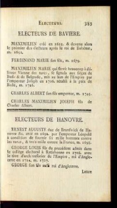 Electeurs De Baviere. Electeurs De Hanovre