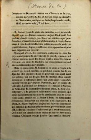 Revue de la Collection de documents inedits sur l'histoire de Framce : publiés par ordre du Roi 1835