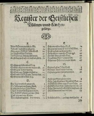 Register der Geistlichen Psalmen unnd Kirchengesänge.
