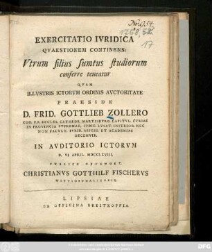 Exercitatio Ivridica Qvaestionem Continens: Vtrum filius sumtus studiorum conferre teneatur