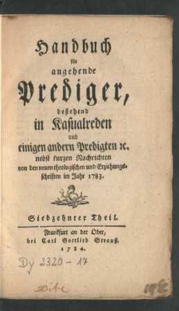 17. Theil (1783): Handbuch für angehende Prediger
