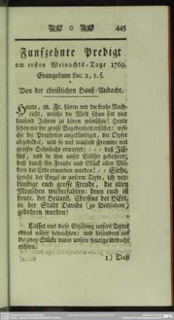 Funfzehnte Predigt am ersten Weihnachts-Tage 1769. Evangelium Luc. 2, 1.f. Von der christlichen Hauß-Andacht