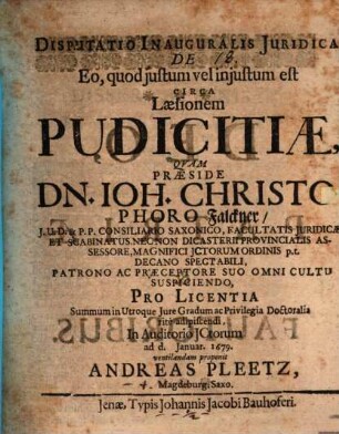 Disputatio Inauguralis Iuridica De Eo, quod iustum vel iniustum est Circa Laesionem Pudicitiae