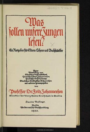 Was sollen unsere Jungen lesen? : ein Ratgeber für Eltern, Lehrer und Buchhändler