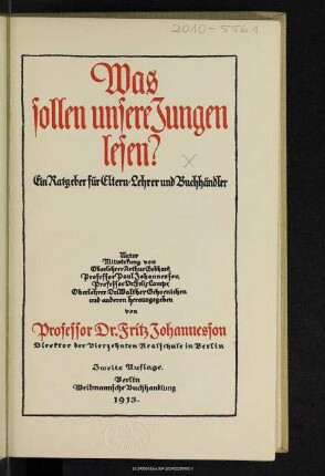 Was sollen unsere Jungen lesen? : ein Ratgeber für Eltern, Lehrer und Buchhändler