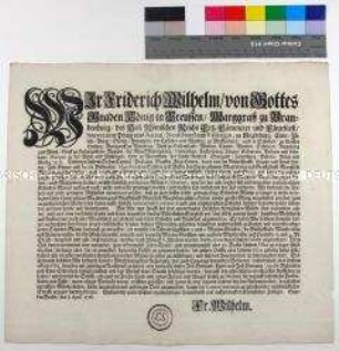 Edikt von Friedrich Wilhelm I. König in Preußen betreffend Währungsstabilität und gegen Münzverschlechterung