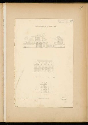 Parkeingang mit Portierswohnung Monatskonkurrenz August 1860: Grundriss, Aufriss Straßenansicht, Parkansicht; 2 Maßstabsleisten