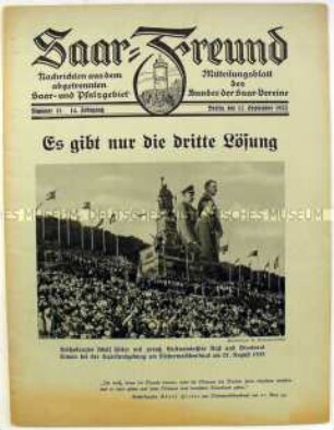 Zeitschrift des Bundes der Saar-Vereine "Saar-Freund" mit der Forderung nach dem Wiederanschluss an das Deutsche Reich
