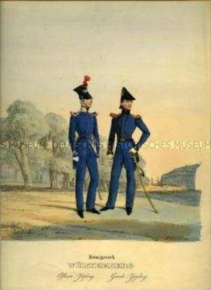 Uniformdarstellung, Offizier-Zögling und Guide-Zögling, Königreich Württemberg, 1835/1843. Tafel 305 aus: Eckert/Monten: Das deutsche Bundesheer in charakteristischen Gruppen.