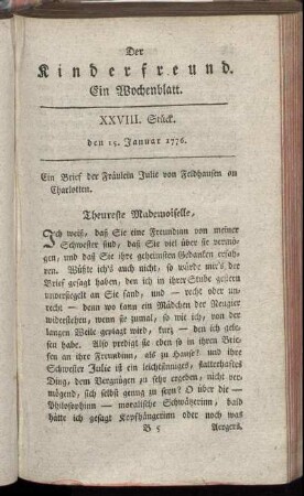 XXVIII. Stück, den 15. Januar 1776