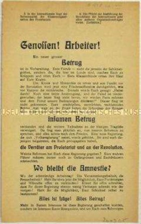 Programmatischer Agitationsaufruf der Spartakus-Gruppe an die Arbeiter zur Bildung von Arbeiter- und Soldatenräten, Aufhebung der Belagerung, Kampf nach Vorbild der russischen Proletarier