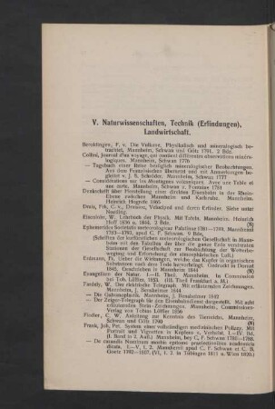 V. Naturwissenschaften, Technik (Erfindungen), Landwirtschaft.